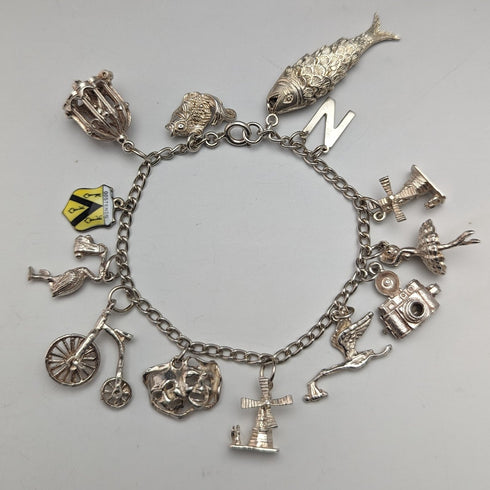 British vintage sterling silver charm bracelet 35g